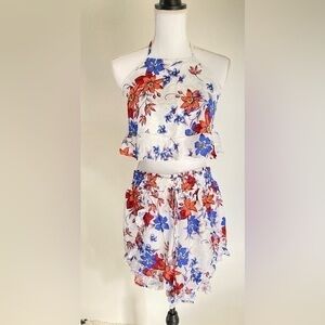 2 piece printed shorts set floral halter top